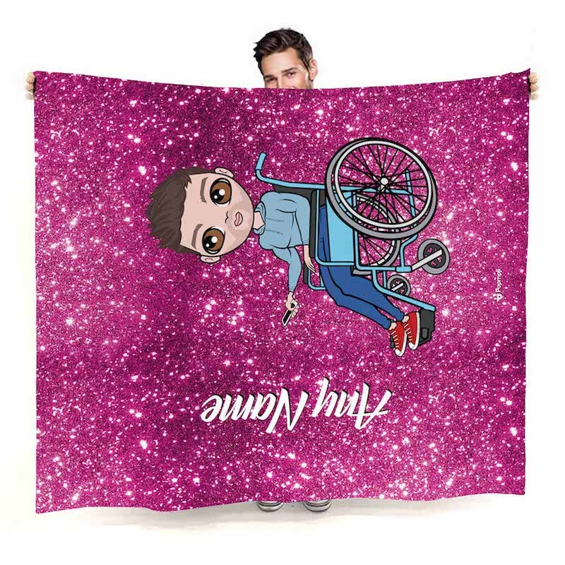 Mens Wheelchair Portrait Pink Glitter Effect Fleece Blanket - Image 2