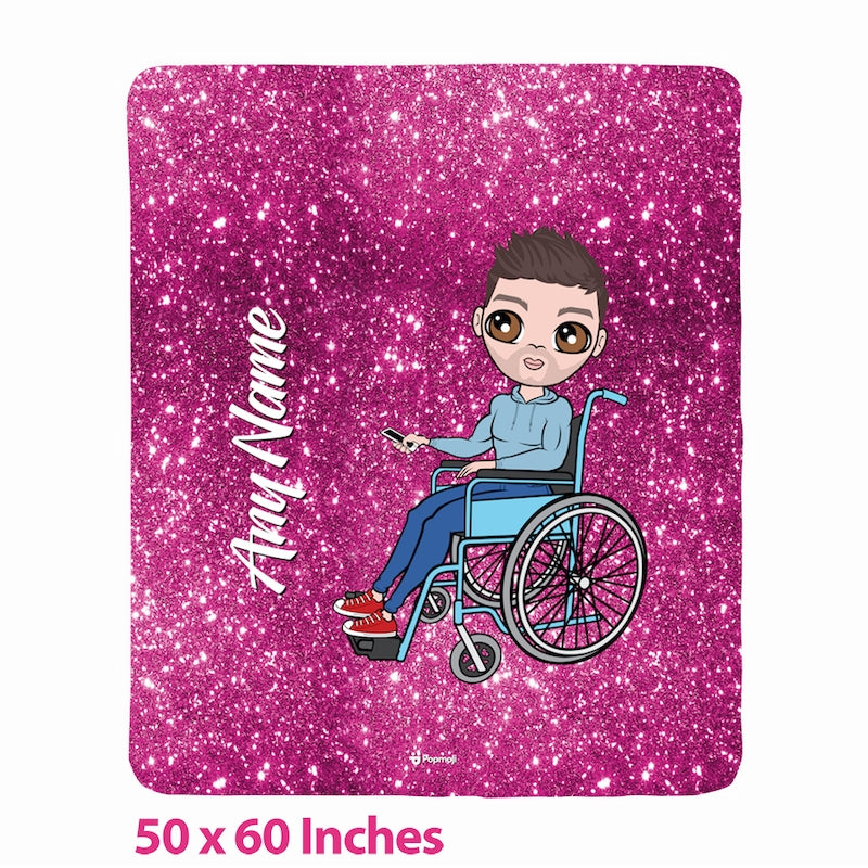 Mens Wheelchair Portrait Pink Glitter Effect Fleece Blanket - Image 1