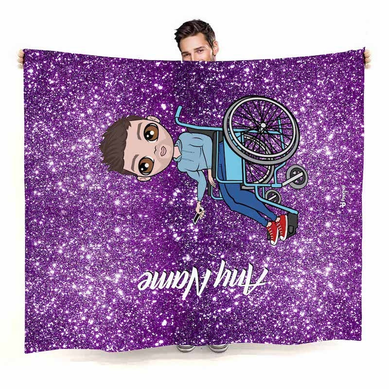 Mens Wheelchair Portrait Purple Glitter Effect Fleece Blanket - Image 2